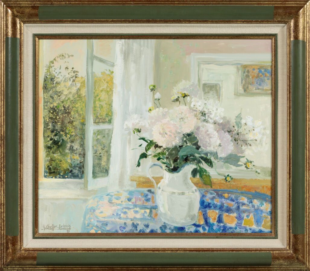 Null 谢弗-德路易-伊冯娜（1910-2003 年）。"静物与花束"。大型布面油画，左下方有签名和 91 年的日期。
