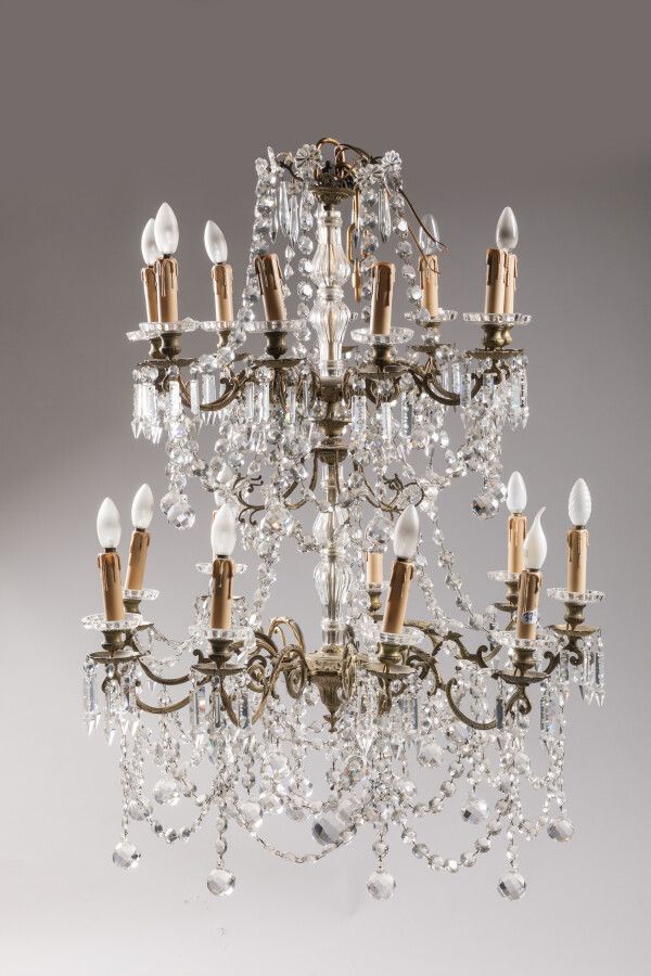Null 大型双层青铜水晶吊灯，带 18 盏灯。20 世纪早期。 
高约 152 厘米。