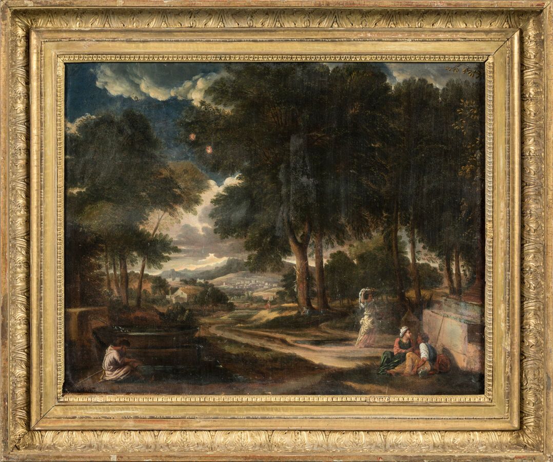 Null 17 世纪法国画派。"风景中的人物画布油画 52 x 65 厘米。
画布背面刻有 "LeMair Pxit "字样。
有画框、事故和修复