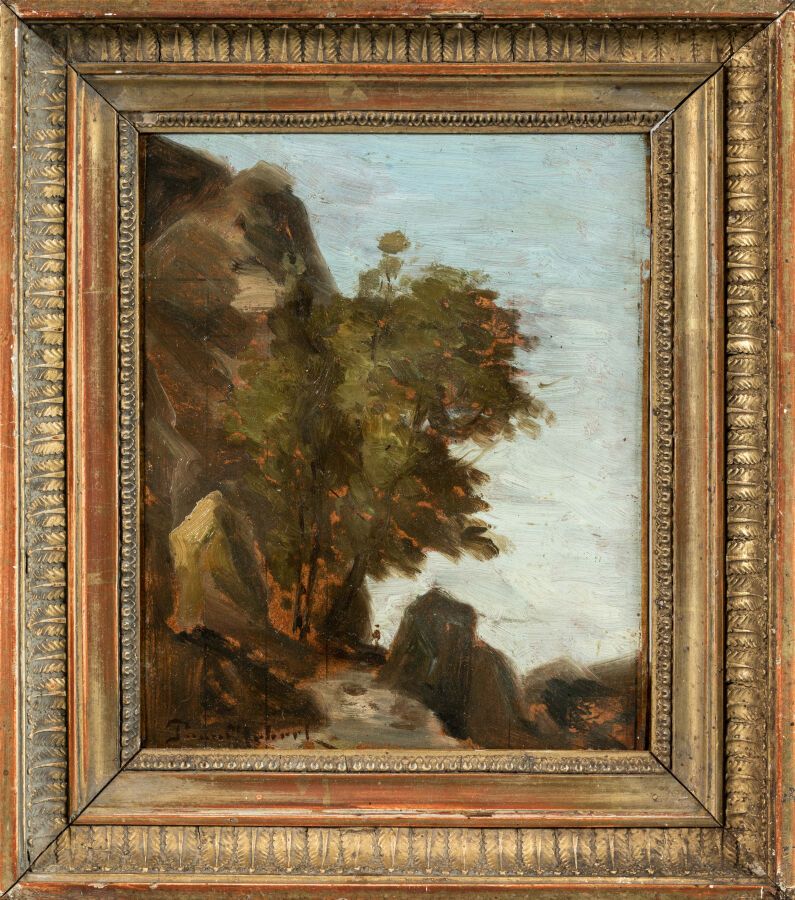 Null 保罗-德西雷（1831-1900 年）。"动画风景木板油画，左下方有签名，24.5 x 19 厘米