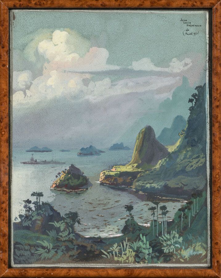 Null PAGUENAUD Jean-Louis (1876-1952). "Vista de Brasil". Gouache sobre papel, f&hellip;