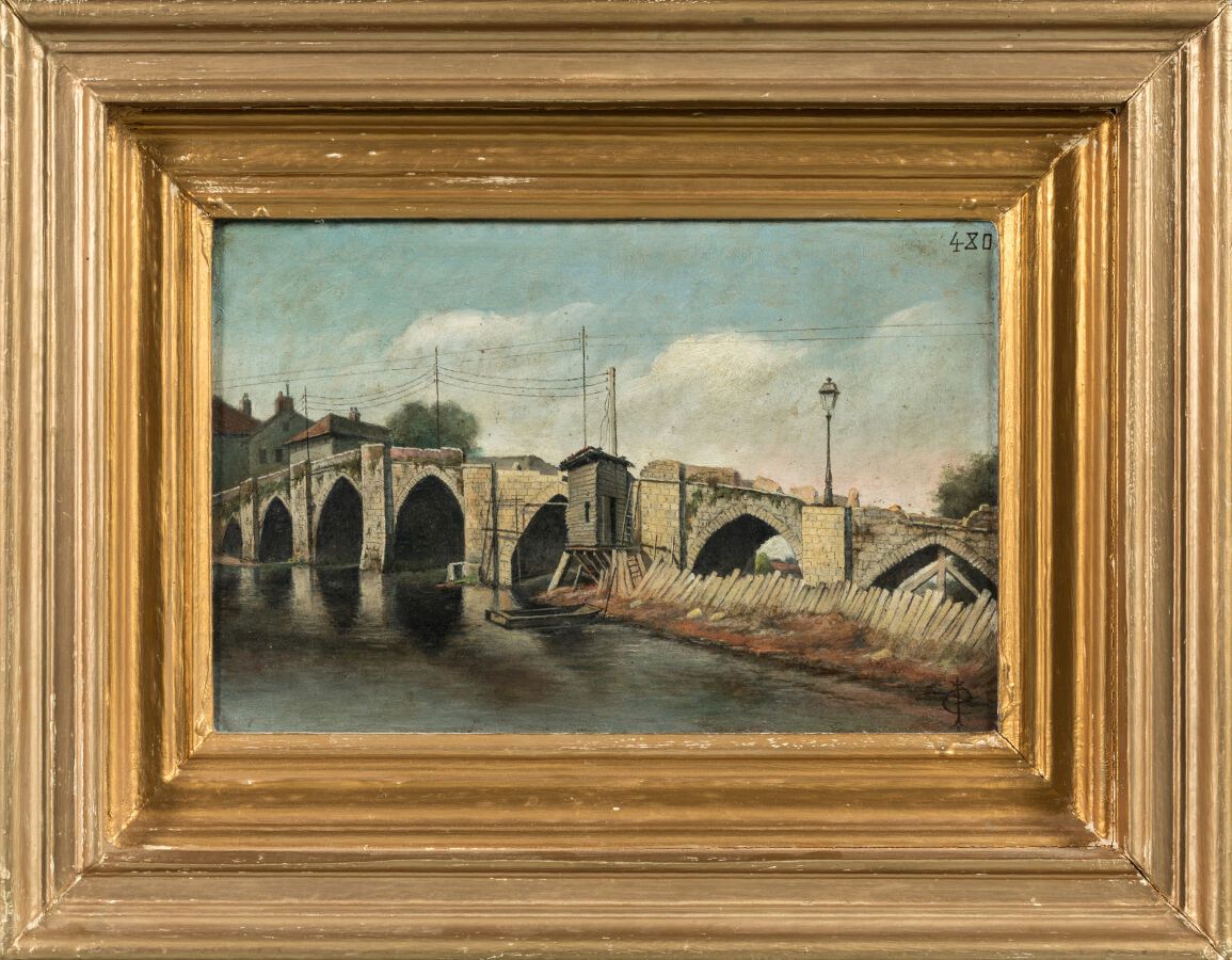 Null COURTOT Paul Laurent (1856-1925)。"利摩日，圣马蒂尔桥，修复时期，从高处看河岸，前方"。布面油画，右下方有签名和编号 &hellip;