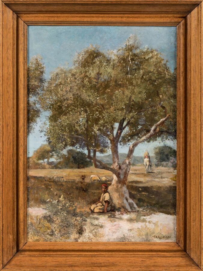 Null MARZOCCHI DE BELLUCI Numa（1846-1930 年）。"橄榄树荫下的阿尔及利亚牧羊女》。画板油画，右下方有签名。 
尺寸 40&hellip;