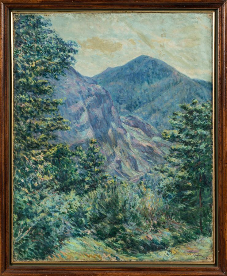 Null 艾吕奥德-欧仁（1866-1947 年）。山景布面油画，右下方有签名。 
尺寸 82 x 65.5 厘米。
四角有小孔。 
已装裱。