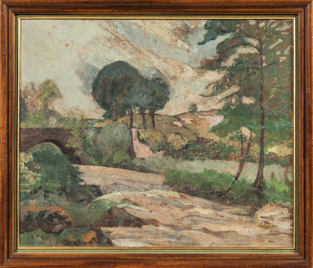 Null 艾吕奥德-欧仁（1866-1947 年）。风景硬纸板上的油画，左下方有签名。 
尺寸：46.5 x 56.5 厘米。 
略有瑕疵，部分缺失。
已装裱。