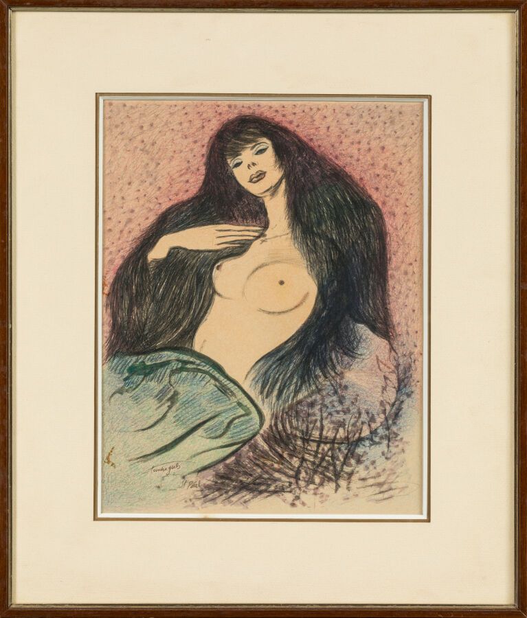Null TOUCHAGUES Louis (1893-1974). "Nu féminin". Dessin aux crayons et aquarelle&hellip;