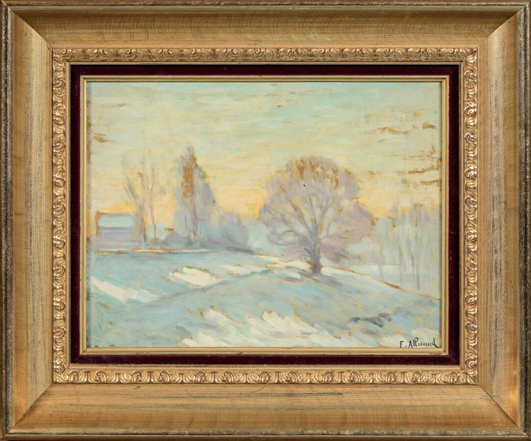 Null 艾吕奥德-欧仁（1866-1947 年）。"利穆赞大雪覆盖的风景"。 画板油画，右下方有签名。 
尺寸：31 x 38 厘米
已装裱。