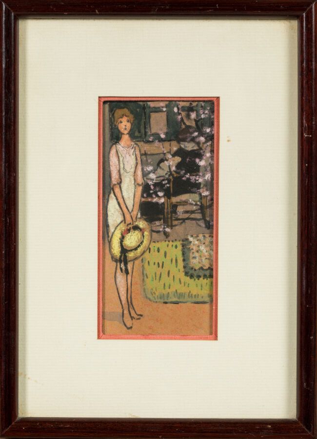 Null 朱豪德-莱昂（1874-1950 年）。"戴帽子的女人混合媒介。尺寸：11 x 5 厘米。 
已装裱
