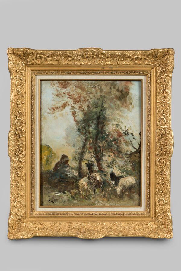 Null 麦洛德-费尔南（1862-1948 年）。"农妇和羊木板上的油画，左下方有 "Monogrammed "字样。 
尺寸：41 x 50 厘米。
精美的&hellip;