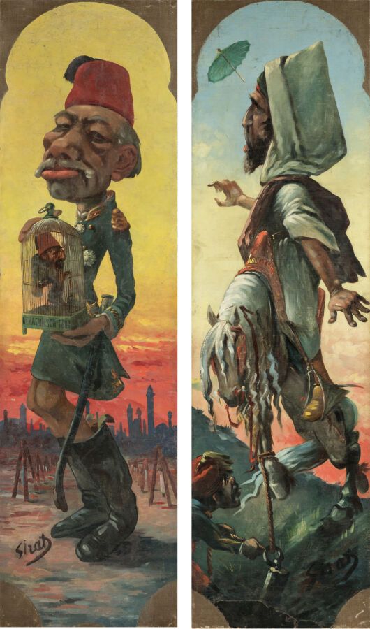 Null SIRAT Joseph (1869-1937?). Pair of satirical portraits of Abdülhamid II and&hellip;