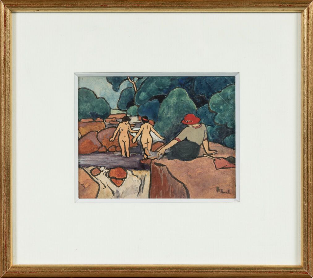 Null 朱豪德-莱昂（1874-1950 年）。"浴女与红帽纸面水彩画。右下方有签名。尺寸：11 x 14 厘米
