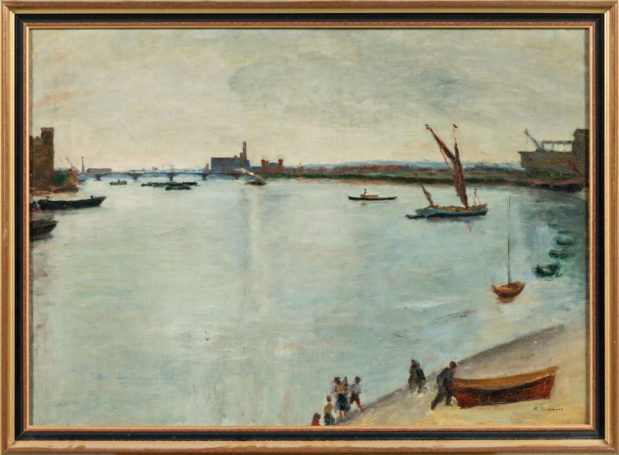Null 汤姆森-勒内（1897-1976 年）。"勒阿弗尔港口风光"。大型油画，右下方有签名。 
尺寸为 64 x 91 厘米。 
边缘有轻微磨损。
已装裱。