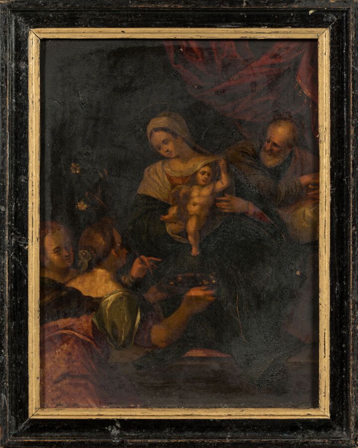 Null 17 世纪意大利画派。"圣洁的家庭铜面油画，21.5 x 16.5 厘米
小事故