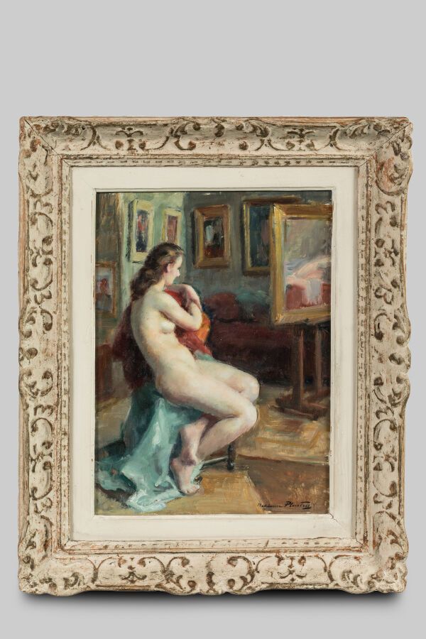 Null 普朗泰-玛德琳（1890-1985 年）。"画家工作室中的裸体"。桃花心木板上的油画，右下方有签名。 
尺寸 33 x 23.5 厘米。 
蒙帕纳斯风&hellip;