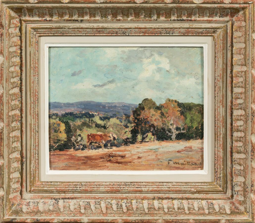 Null 麦洛德-费尔南（1862-1948 年）。"耕作场景卡上油画，右下方有签名。尺寸 21 x 26 厘米。 
略有缺失
已装裱。