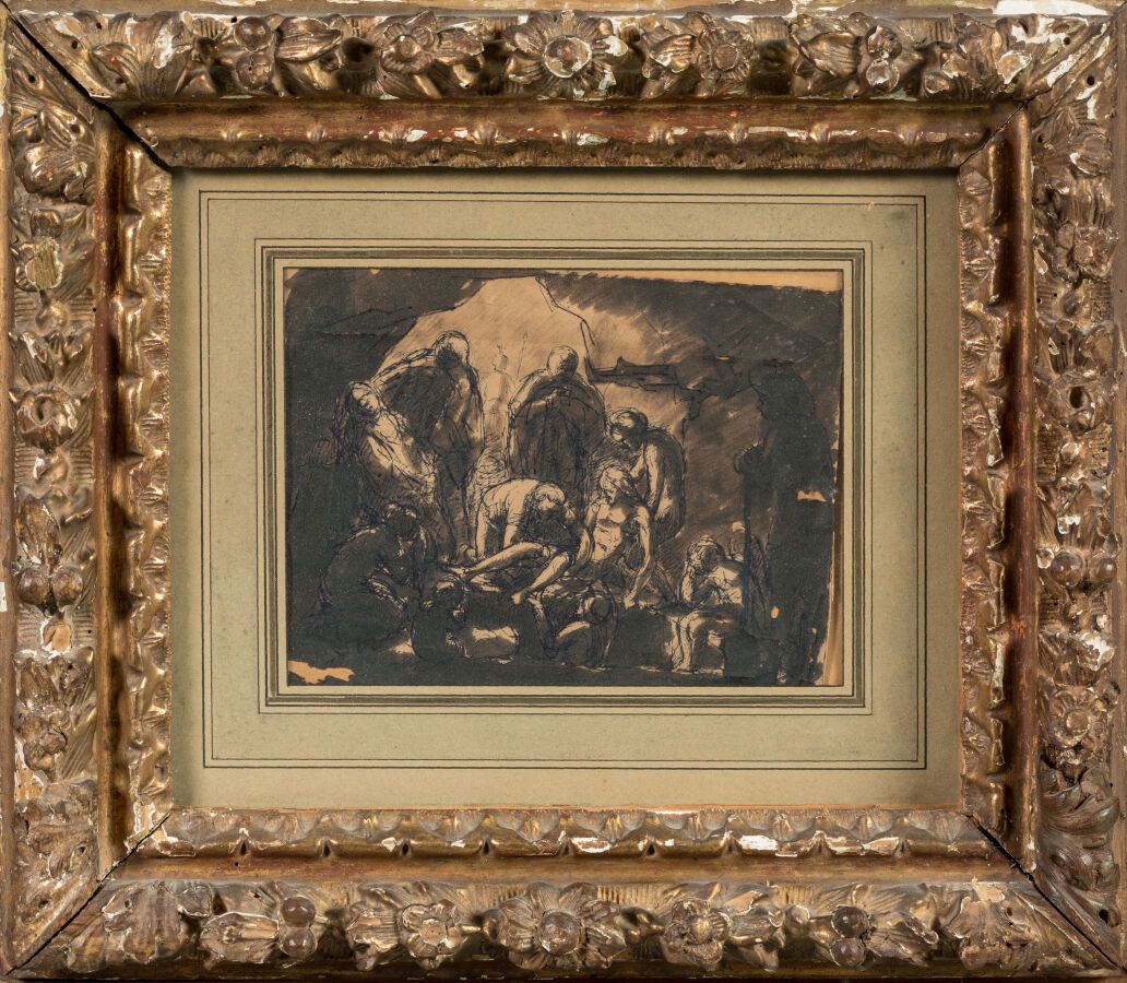 Null 19 世纪学院派，德拉克洛瓦随行人员。"墓穴"，描图纸上的水墨画。 
小裂痕。15.5 x 19 厘米。
精美木框和镀金灰泥（意外事故）