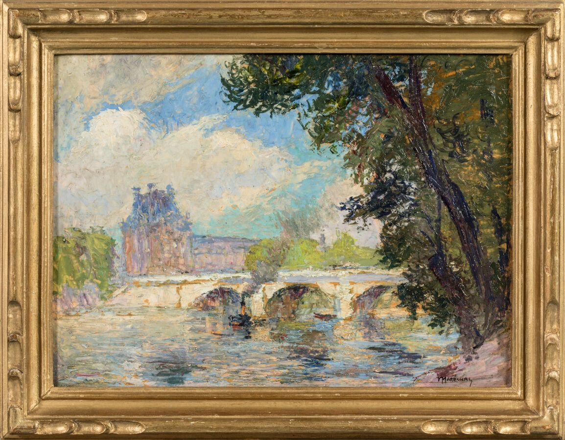 Null 马切尔-弗朗索瓦（1861-1945 年）。"卢浮宫景色后印象派木板油画
尺寸：23.5 x 33 厘米。