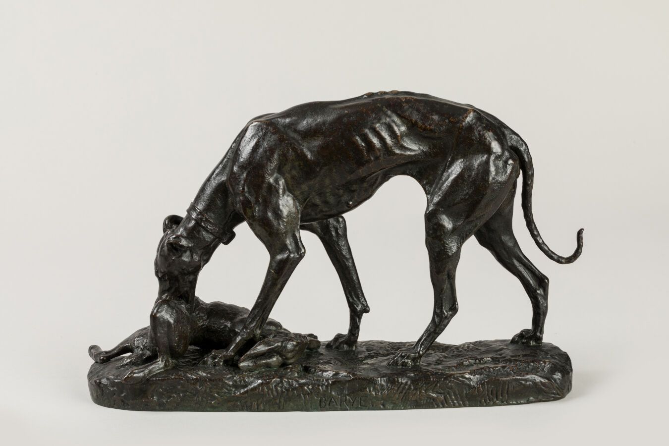 Null BARYE Antoine Louis (1795-1875). Levrette bringing a hare. Proof in bronze &hellip;