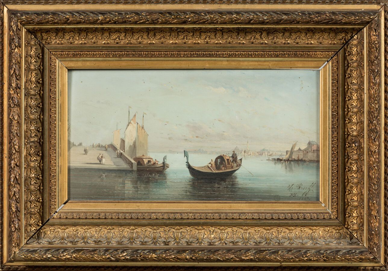 Null RUEFF A. (XIX-XXth)."威尼斯风光画板油画，右下方有签名和 1887 年 "Rueff PX"。41 x 21.5 厘米。 
已装裱