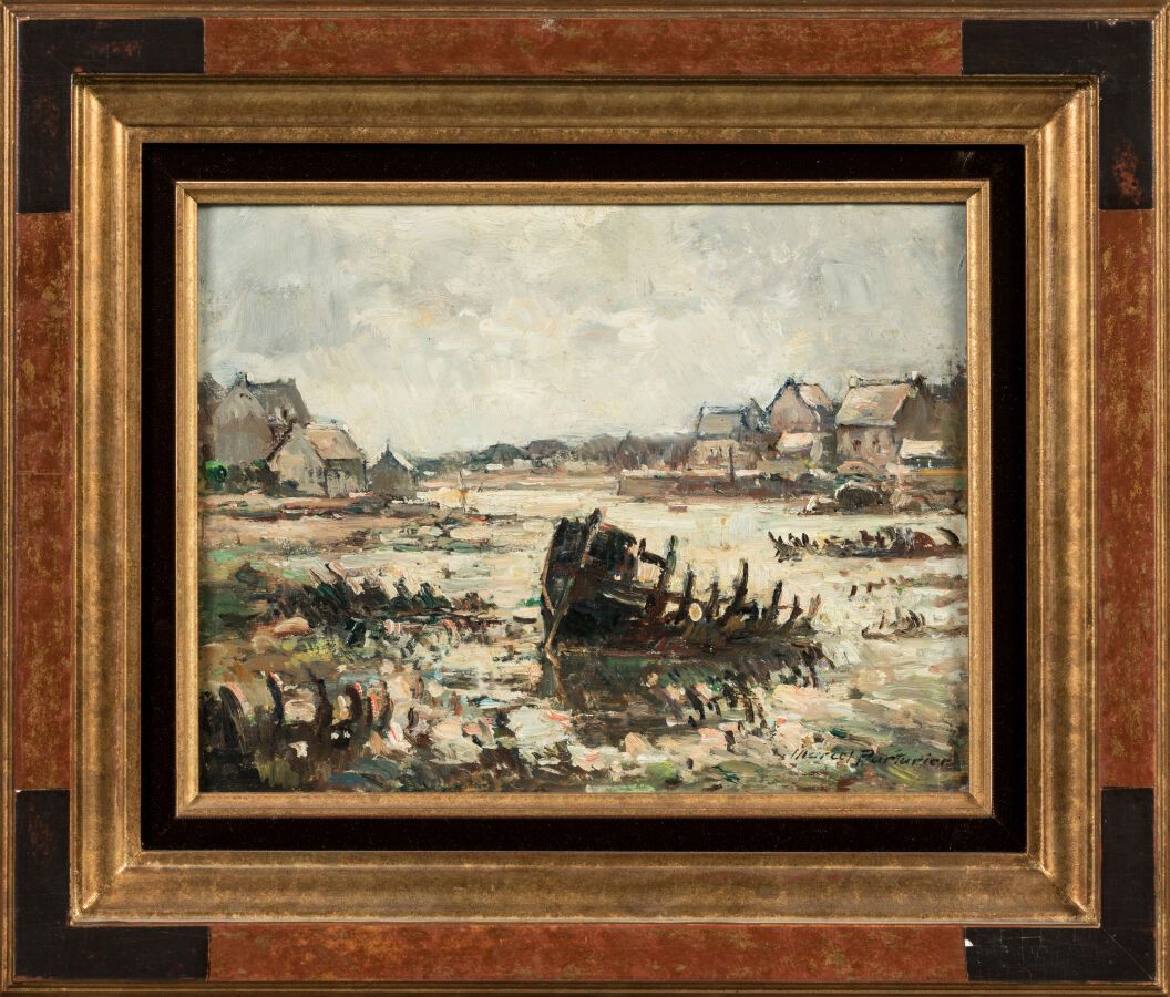 Null PARTURIER Marcel (1901-1976)."菲尼斯泰尔沉船事件》。画板油画，右下方有签名。 
尺寸：26 x 35 厘米。 
已装裱。