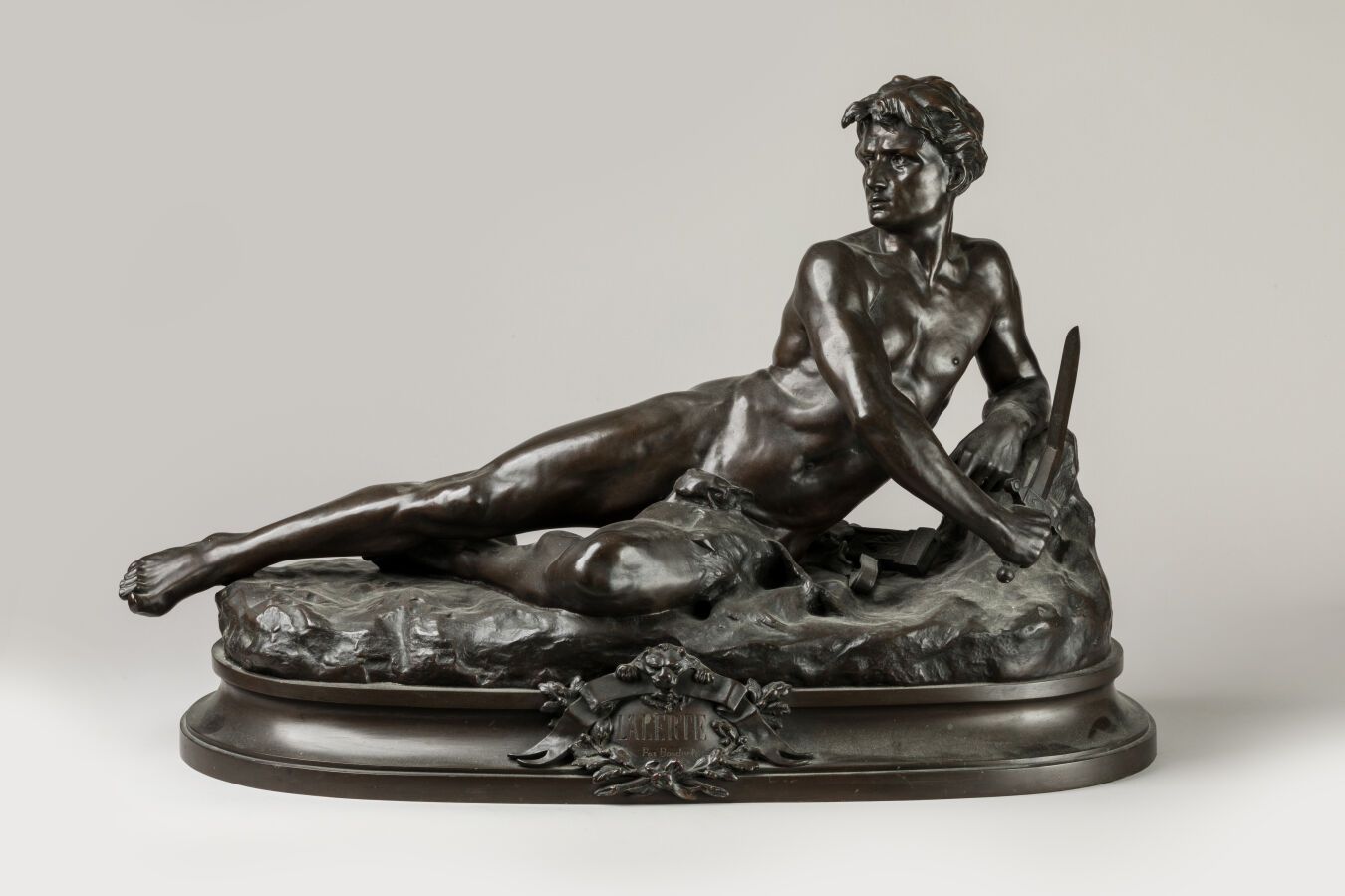 Null BONDUEL Léon (1857-1928). "L'allarme". Grande prova in bronzo con patina ma&hellip;