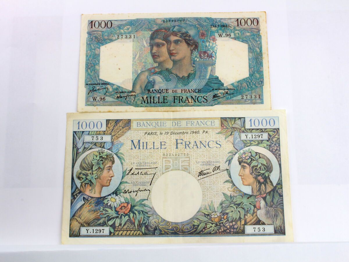 Null LOT de 2 BILLETS - 1- 1000 Francs COMMERCE ET INDUSTRIE - F.39-03 du 19.12.&hellip;