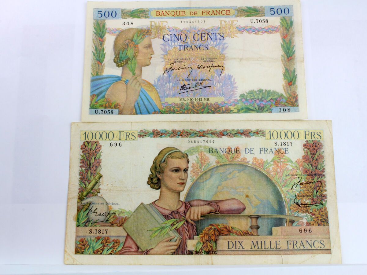 Null LOT de 2 BILLETS - 1- 10000 Francs GENIE FRANCAIS - F.50-53 du 16.08.1951 -&hellip;