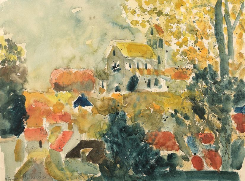 André BRASILIER (né en 1929) 
L'église du village
Aquarelle sur traits de crayon&hellip;