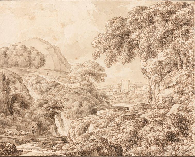 Hendrik KOBELL (Rotterdam 1751-1779) 
Paysage de montagne aux bergers
Plume et e&hellip;