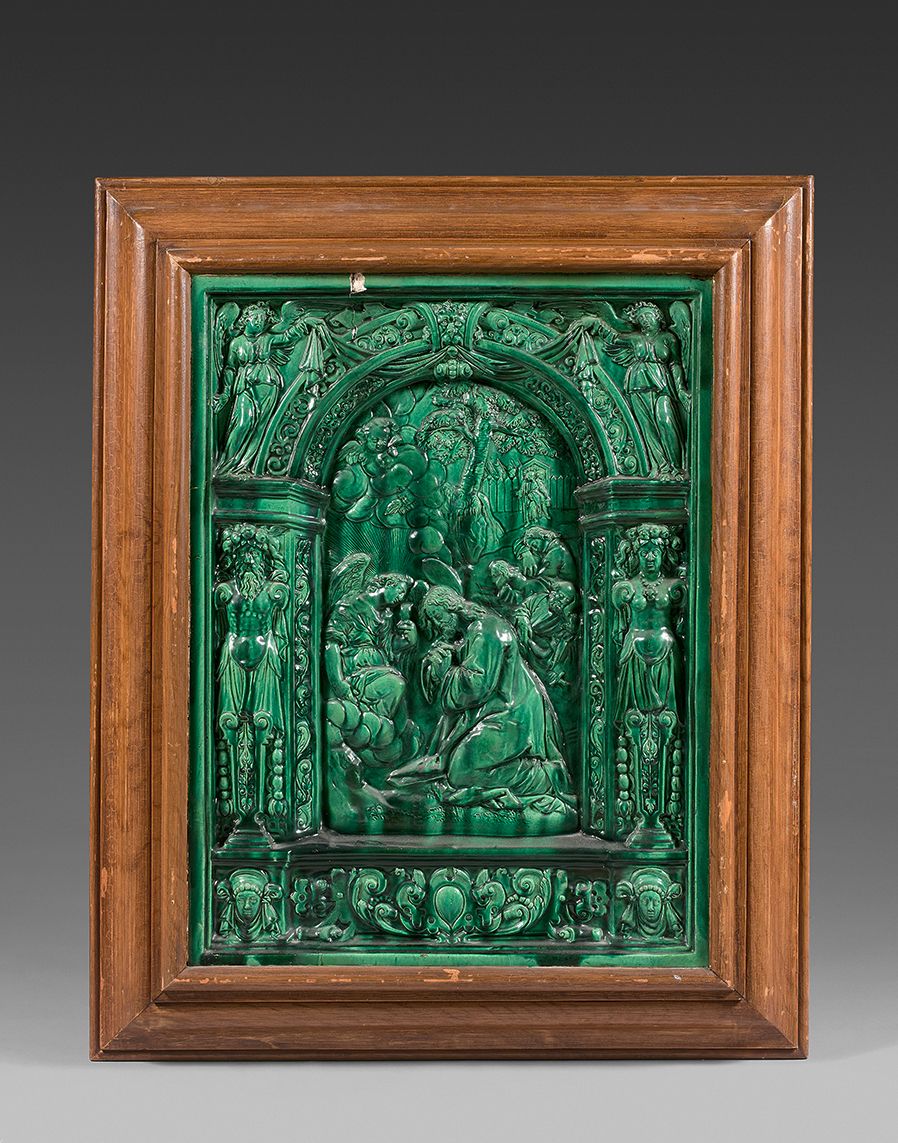 Null 绿釉陶板，表现了文艺复兴风格的弧形装饰中的基督生活场景。
17世纪的莱茵作品
它被放在一个倒置的树脂框架中（裂缝，事故）
面板的高度：67 - 长：4&hellip;