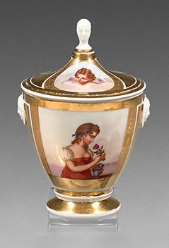 PARIS Porcelain covered sugar bowl of ovoid form with polychrome decoration of y&hellip;