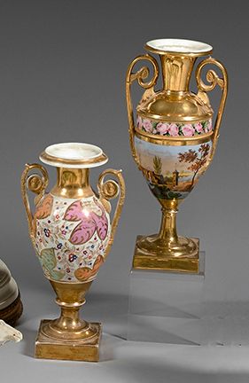 PARIS Two porcelain baluster vases on pedestal with polychrome decoration on a g&hellip;