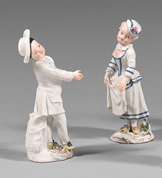 MEISSEN Pareja de figuras de porcelana que representan a Columbine, niño esquiva&hellip;