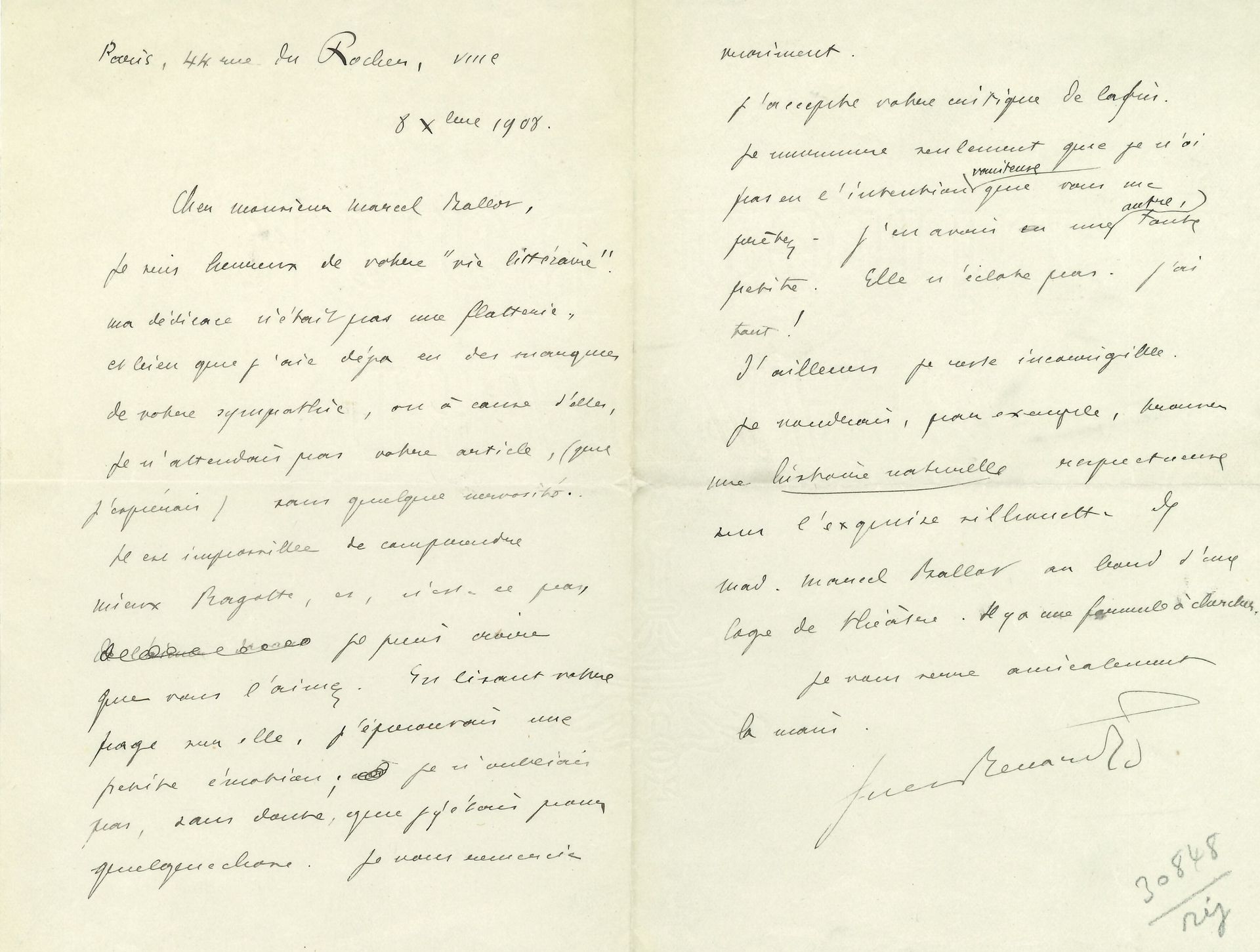 Jules renard (1864-1910). L.A.S.，巴黎，1908年12月8日，致马塞尔-巴洛特，2页，in-8°
对《费加罗报》专栏作家的赞扬的&hellip;