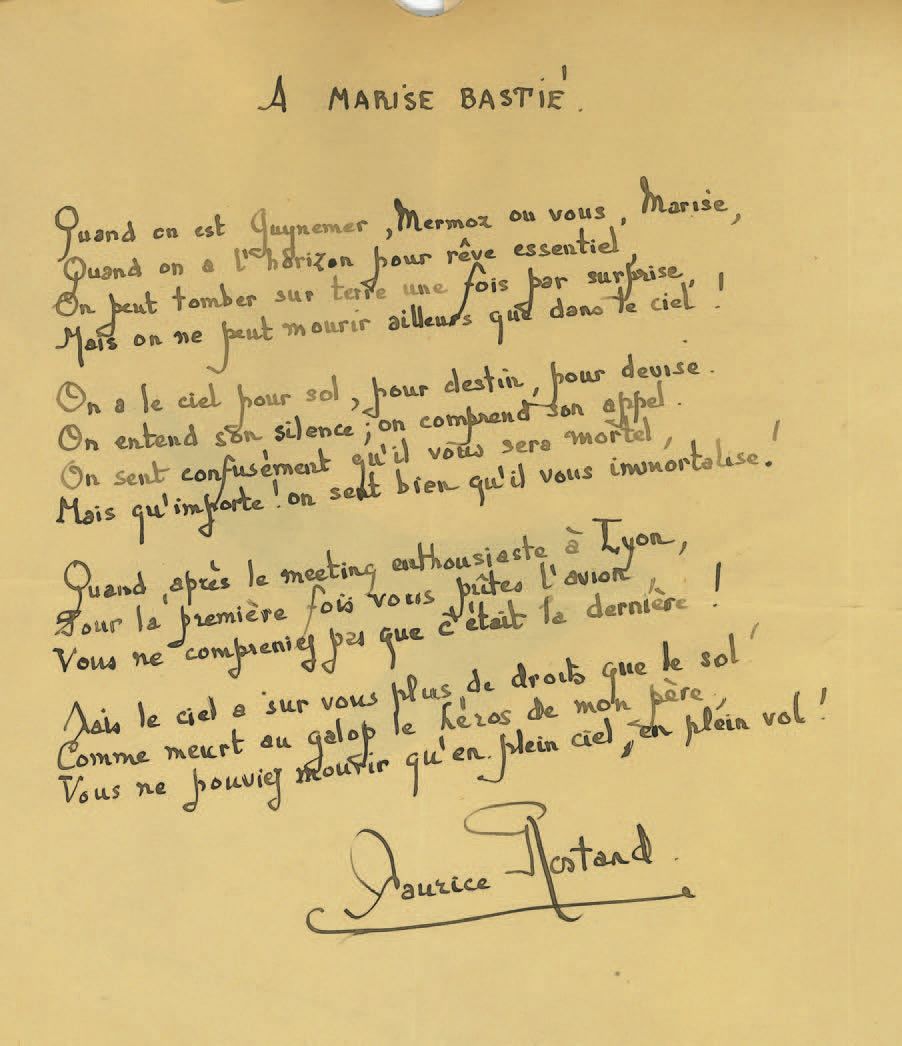 Maurice ROSTAND (1891-1968). 亲笔签名的诗，致玛丽斯-巴斯蒂埃；1页in-4°，黄纸。
献给飞行女郎玛丽斯-巴斯蒂埃（1898-19&hellip;