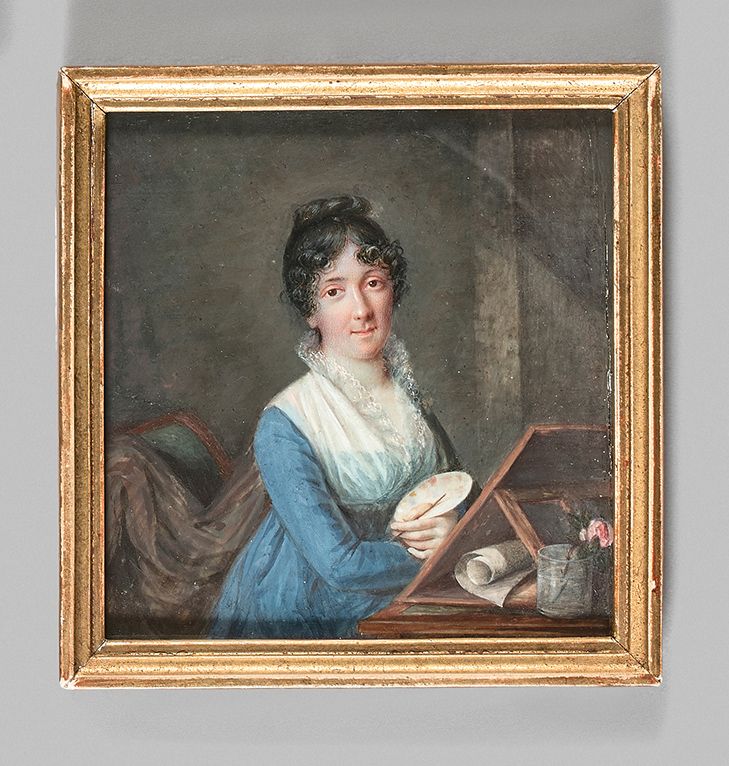 ÉCOLE FRANÇAISE de la fin du XVIIIe ou du début du XIXe siècle 
女画家的肖像。
象牙上绘制的无署&hellip;