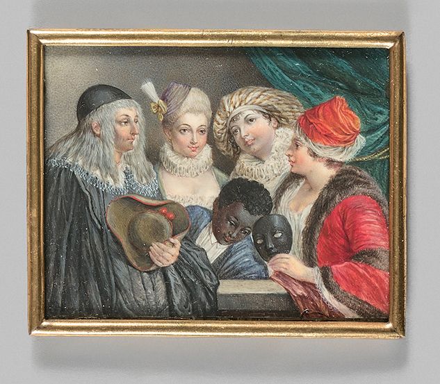 Jean-Antoine WATTEAU (1684-1721), d'après 
《法兰西喜剧演员》或《化妆舞会》。
象牙上的长方形微型画，仿照安托万-华托&hellip;