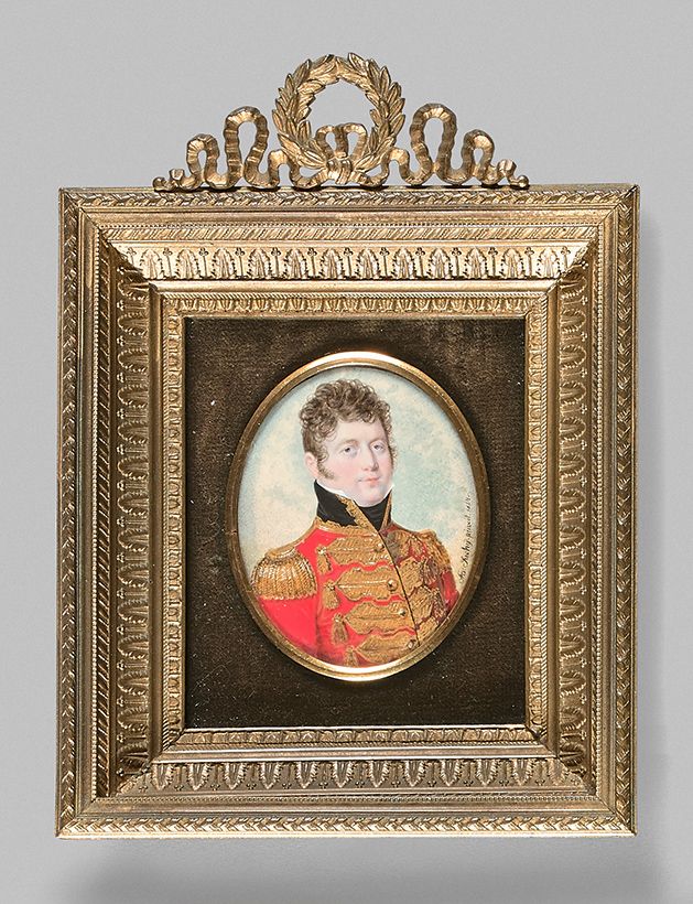 Adalbert SUCHY (Autrichien, 1783-1849) 
军官的肖像，1814年。
绘于象牙上的椭圆形微型画，右面有签名和日期 "AD。S&hellip;