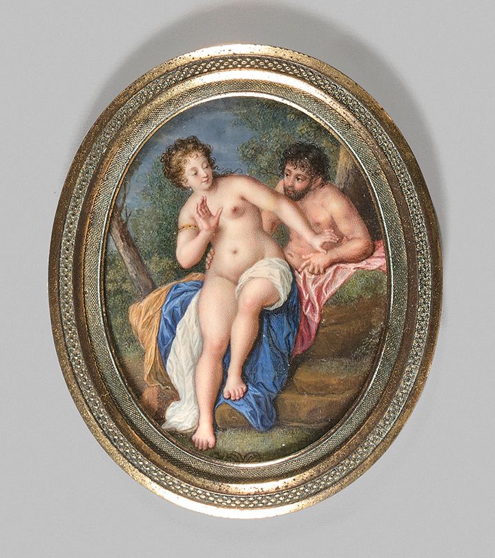 École FRANÇAISE de la fin du XVIIIe siècle 
维纳斯和火星。
在象牙上绘制的椭圆形微型画，表现了众神的爱，维纳斯和她的&hellip;