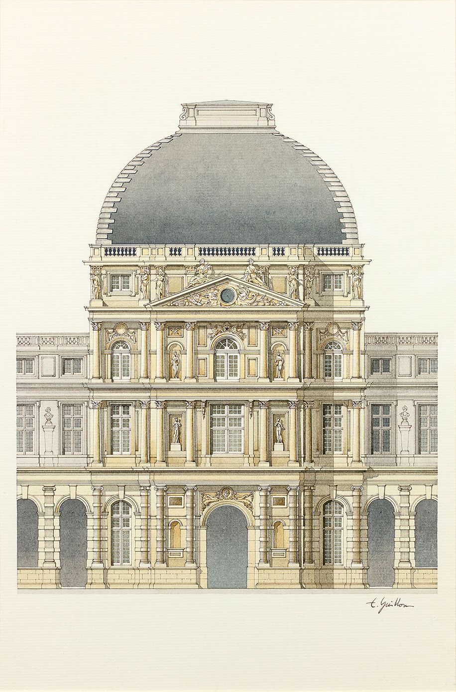 E. GUILLON (actif au XXe siècle) 
从庭院看杜伊勒里宫的立面
钢笔和棕色墨水，水彩画。签名右下：E Guillon。34.5 x&hellip;