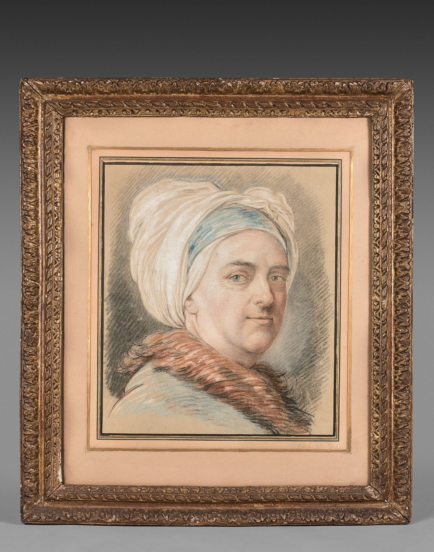 Charles-André dit Carle van LOO (Nice 1705 - Paris 1765) 
推测为带头巾和毛领的自画像
米色纸上的黑石、&hellip;