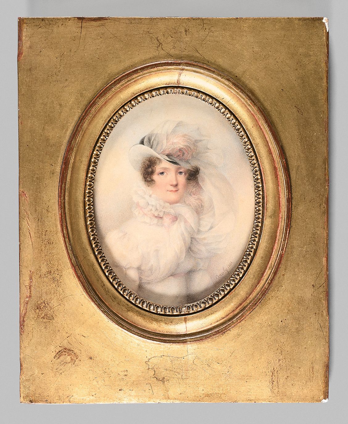 CORALY, école FRANÇAISE (actif entre 1816 et 1826) 
戴帽子的女人肖像，1821年。
纸上绘制的椭圆形微型画，&hellip;