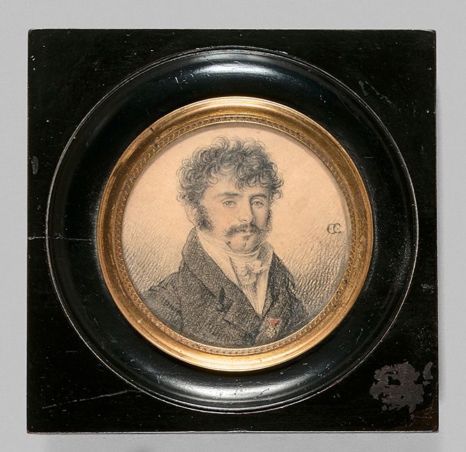 Ecole FRANÇAISE vers 1830 
推测为弗朗索瓦-莫里哀（1792-1841）的画像。
纸上铅笔画的圆形微型画，右边有 "C.C. "的字样&hellip;