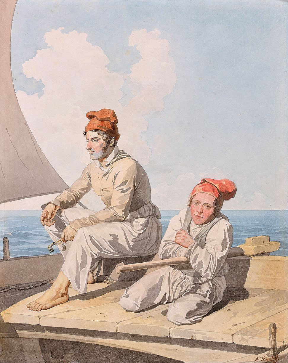 Alexandre Pavlovich BRULLOV (Saint-Pétersbourg 1798-1877). 
《两个水手》。
纸上水彩和石墨，右下方有&hellip;