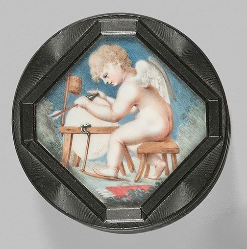 STEINER, école ALLEMANDE du XIXe siècle 
玳瑁和玑镂压制的圆盒，盒盖上有一个菱形的视图，上面镶嵌着一个画在象牙上的微型画&hellip;