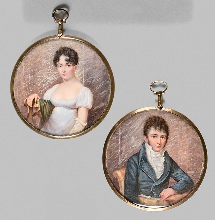 BOUVIER, école française de la seconde moitié du XIXe siècle 
一对年轻夫妇的肖像。
一对画在象牙上&hellip;