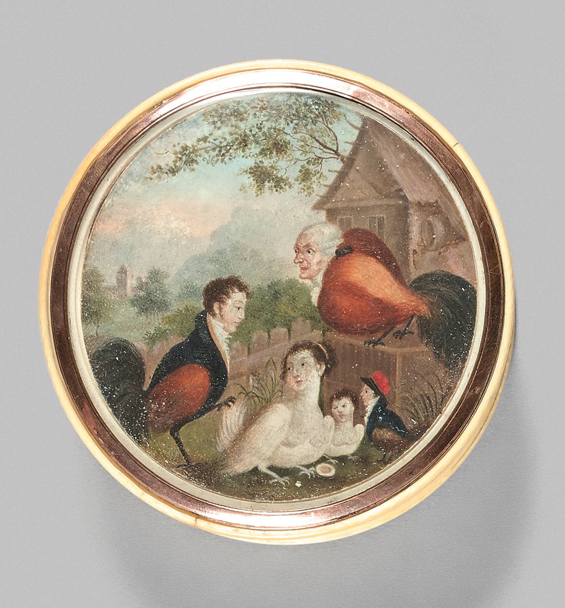 Null 罕见的象牙圆盒，镶嵌着画在象牙上的微型漫画，表现了五个穿着母鸡和公鸡的人物，可能代表了国王路易十六、玛丽-安托瓦内特王后、阿克塞尔-德-费森、路易十七&hellip;
