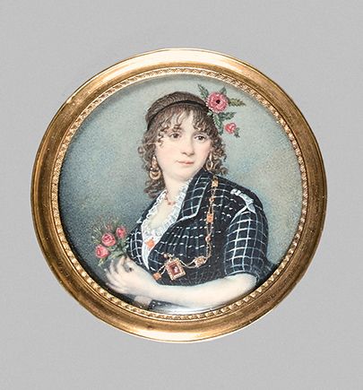 École espagnole du début du XIXe siècle 
捧着玫瑰花束的女人肖像。
圆形微型画，画在象牙上，没有署名，表现一个女人的半身&hellip;