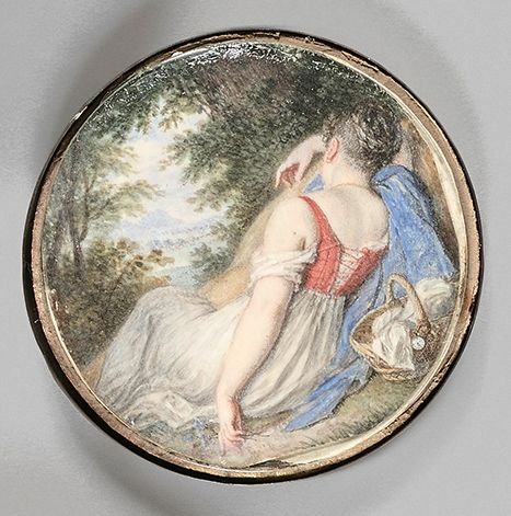 Jean-Baptiste ISABEY (Nancy, 1767 - Paris, 1855) 
森林中休息的女人。
圆形微型画，画在象牙上，左边署名 "J(&hellip;
