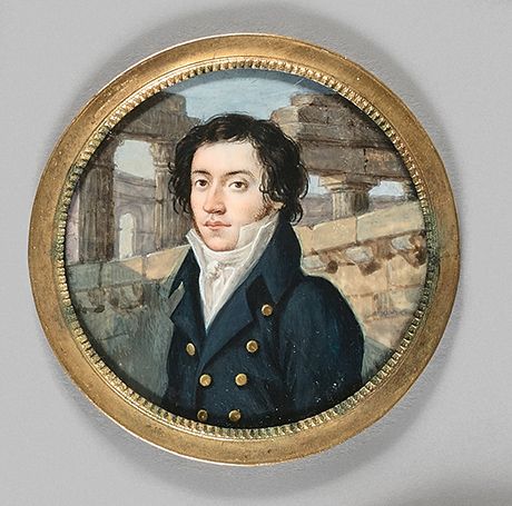 Ecole française vers 1810-1820 
Portrait d'homme, souvenir du Grand Tour.
Miniat&hellip;